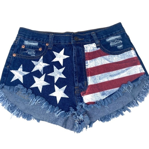 Signature 8  Denim Shorts Cut Off Distressed USA FLAG  High Waist Button Fly - Picture 1 of 8